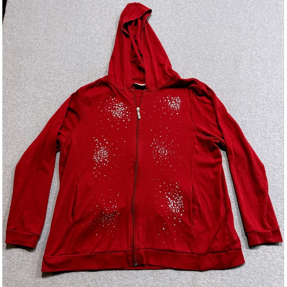 Quacker Factory Womens XL Red Rhinestone Embellished Full Zip Hoodie Jacket